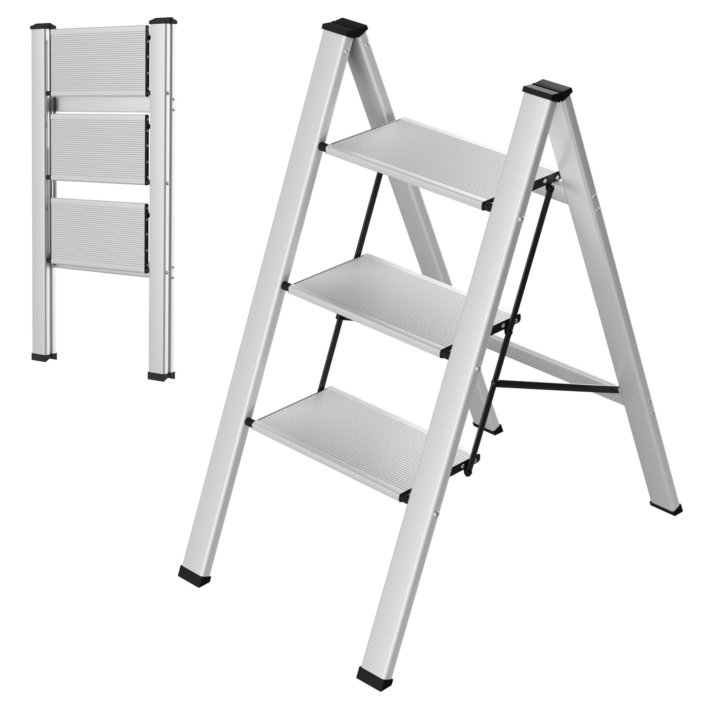 Arlopu 3 Step Ladder, Folding Step Stool with Wide Anti-Slip Pedals, Aluminum Portable Lightweight Ladder for Home, Kitchen, Office, Sturdy Temporary Storage Shelf Rack, Max Capacity 330lbs, Silver