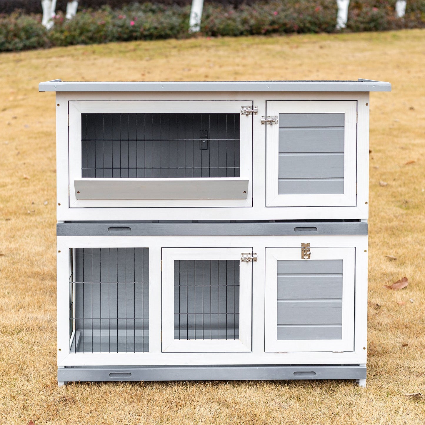 Arlopu 42.3" Rabbit Hutch, Wooden Bunny Cage Chicken Coop, Outdoor Backyard Bunny House, 2-Story Cage for Small Animals