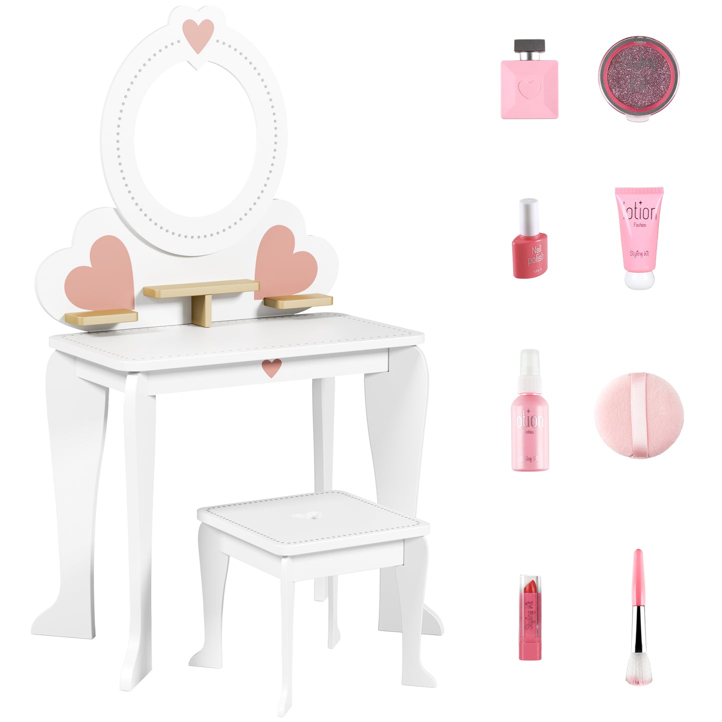 Arlopu 2-in-1 Kids Vanity Table and Chair Set with Mirror, Toddler Vanity Table Set with 8pcs Pretend Play Accessories, Convertible Makeup Desk Toy for Little Girls 3+