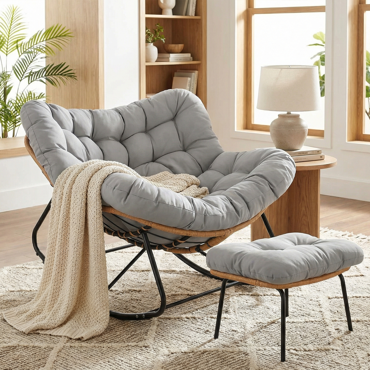 Arlopu Outdoor Papasan Rocking Chair with Ottoman, Oversized Padded Lounge Rocker with Cushion, Comfy Wicker Egg Lounge Chair, Large Indoor Rocking Recliner for Living Room/Porch/Garden