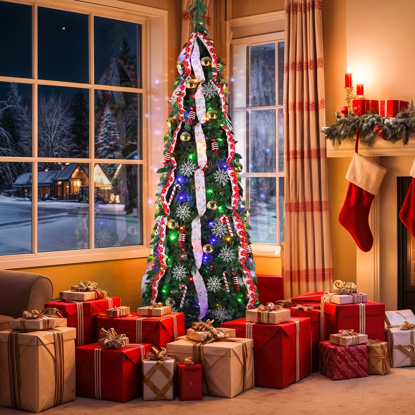 Arlopu 4FT Artificial Christmas Tree, Pre Lit Decorated w/ 100 Warm White & Colored Lights, Glitter Balls, Candy Balls, Snowflakes, Ribbon, Candy Canes