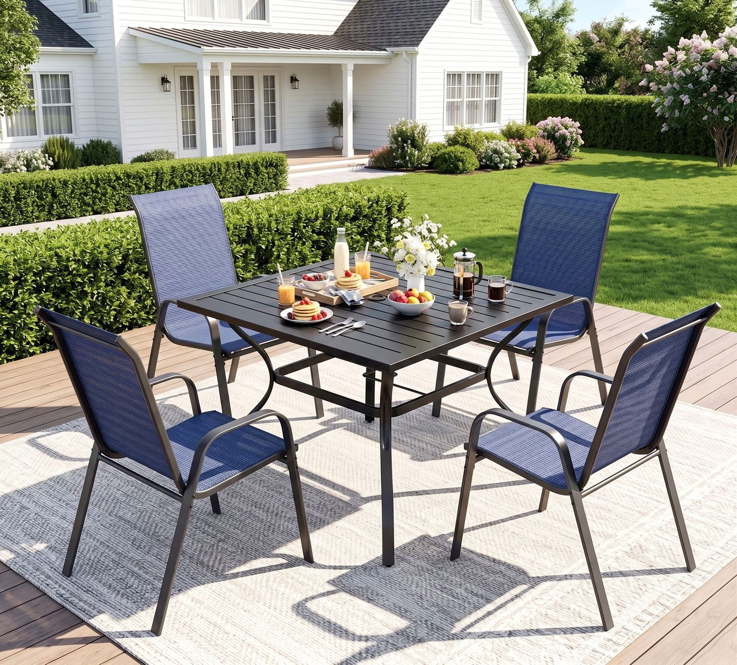 Arlopu 5pcs Patio Dining Set, Outdoor Square Metal Table and 4 Stackable Textilene Chairs, Patio Furniture Set w/ Adjustable Umbrella Hole & Foot Pads for All Weather