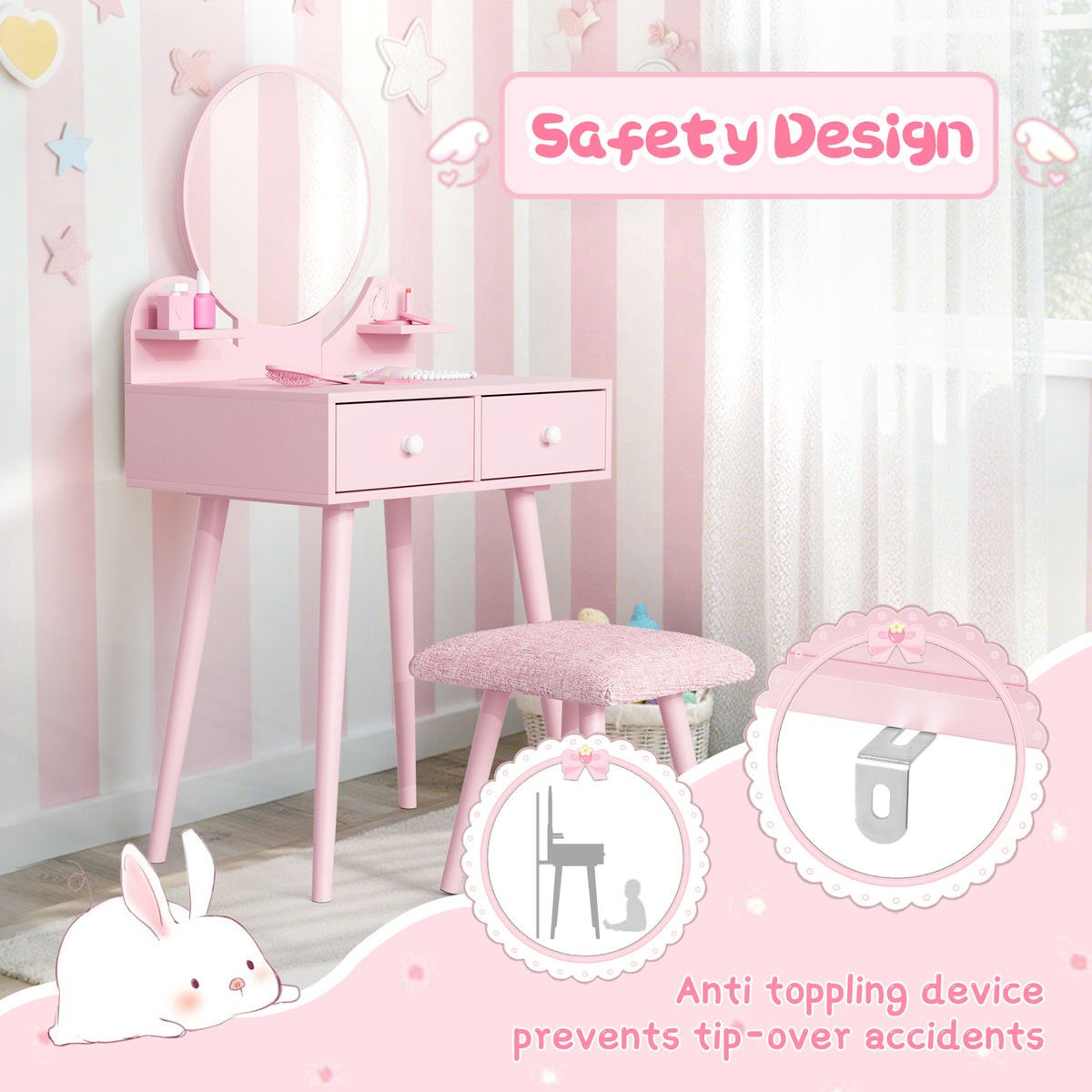 Arlopu Kids Vanity Table & Stool Set, 2-in-1 Princess Vanity Set with Mirror, Wooden Toddler Pretend Play Dressing Table with Detachable Top, Ideal Gift for Girls