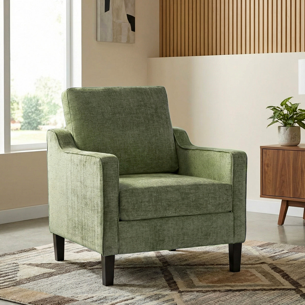 Arlopu Mid-Century Upholstered Accent Chair, Chenille Fabric Armchair, Modern Reading Chair for Living Room, Apartment, Office