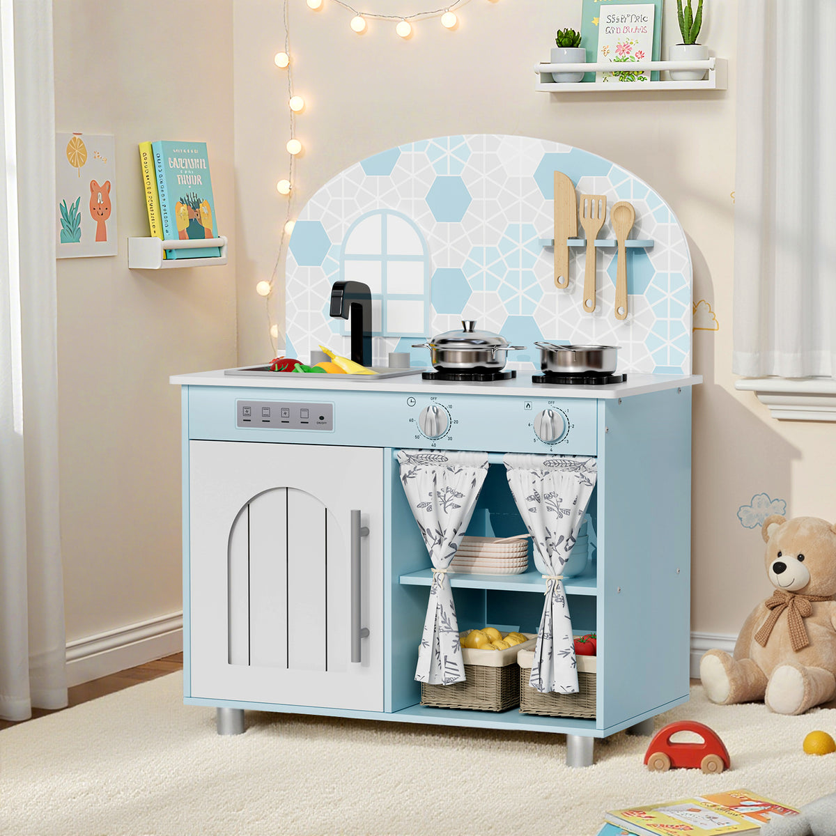 Arlopu Kids Pretend Kitchen Playset, Interactive Play Kitchen with Sink, Stove, Clicking Knobs & 5pcs Cooking Accessories