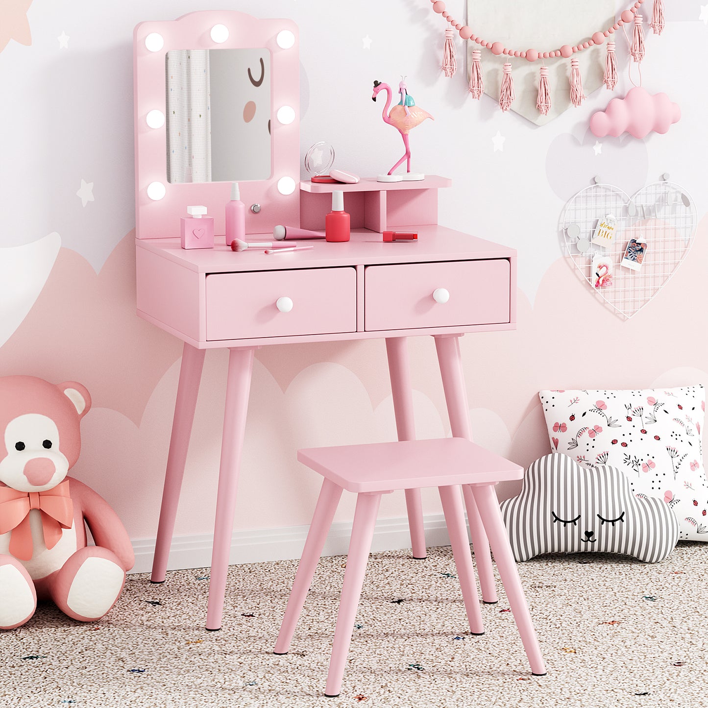 Arlopu Kids Vanity Table and Chair Set, Wooden Makeup Playset with Mirror & Lights, Ideal Princess Gift for Girls