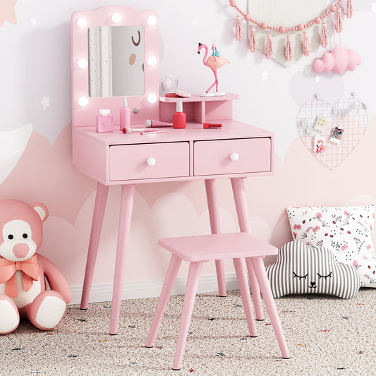 Arlopu Kids Vanity Table and Chair Set, Wooden Makeup Playset with Mirror & Lights, Ideal Princess Gift for Girls