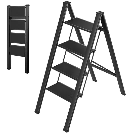 Arlopu 4 Step Ladder, Folding Step Stool with Wide Anti-Slip Pedals, Aluminum Portable Lightweight Ladder for Home, Kitchen, Office, Sturdy Temporary Storage Shelf Rack, Max Capacity 330lbs