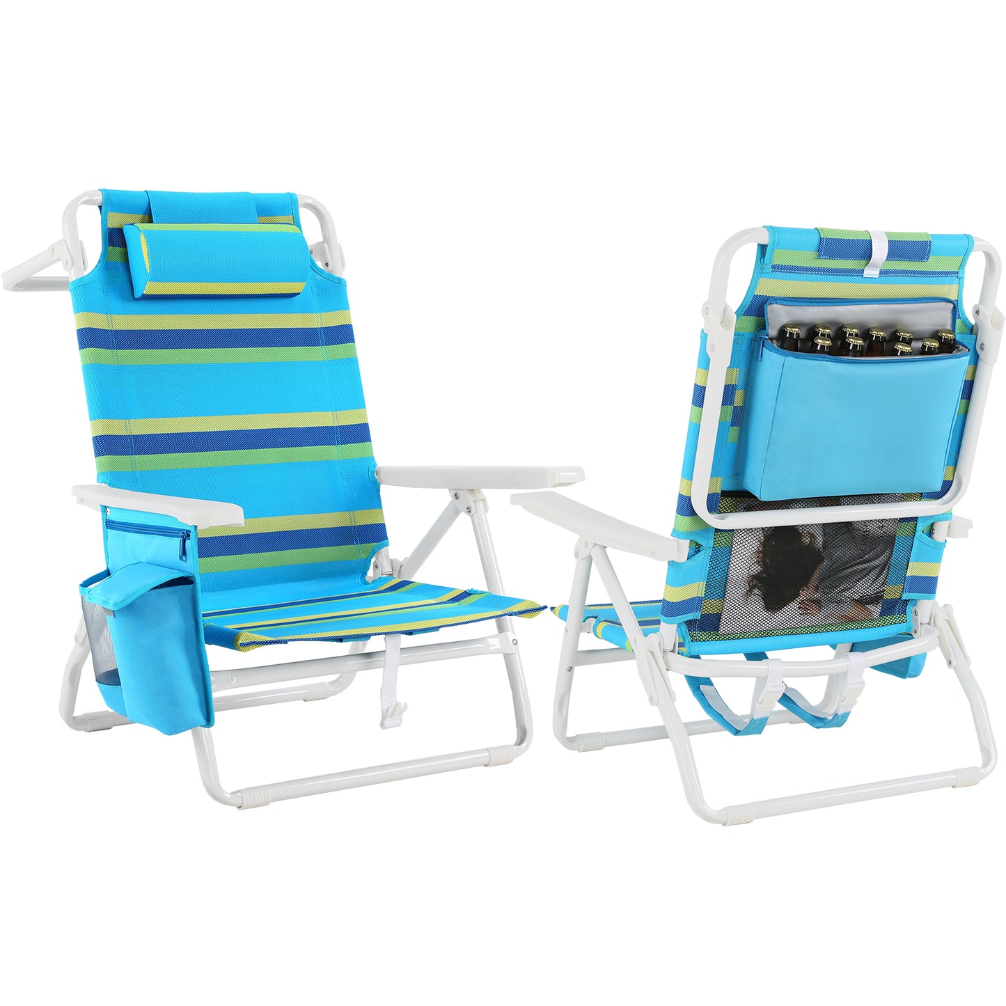 Arlopu 2pcs Folding Backpack Beach Chairs, 5-Position Protable Beach Chair, Low Profile Reclining Chair w/ Headrest, Cooler Pouch, Storage Bag, Towel Bar, Foot Mat