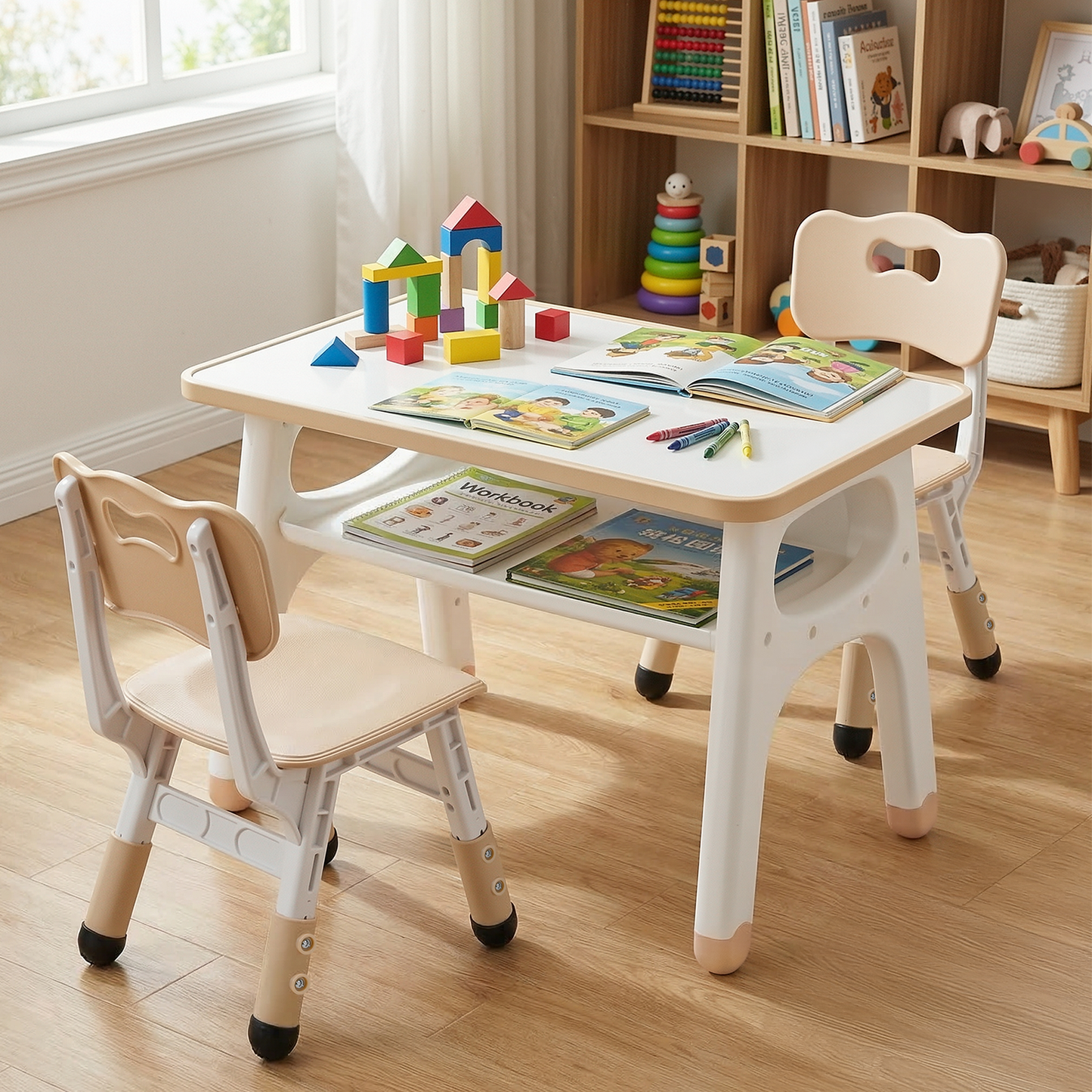 Arlopu Kids Table and 2 Chairs Set, Height-Adjustable Toddler Table and Chairs Set with Graffiti Desktop, Toddler Activity Table for Daycare, Classroom, Home, Pink