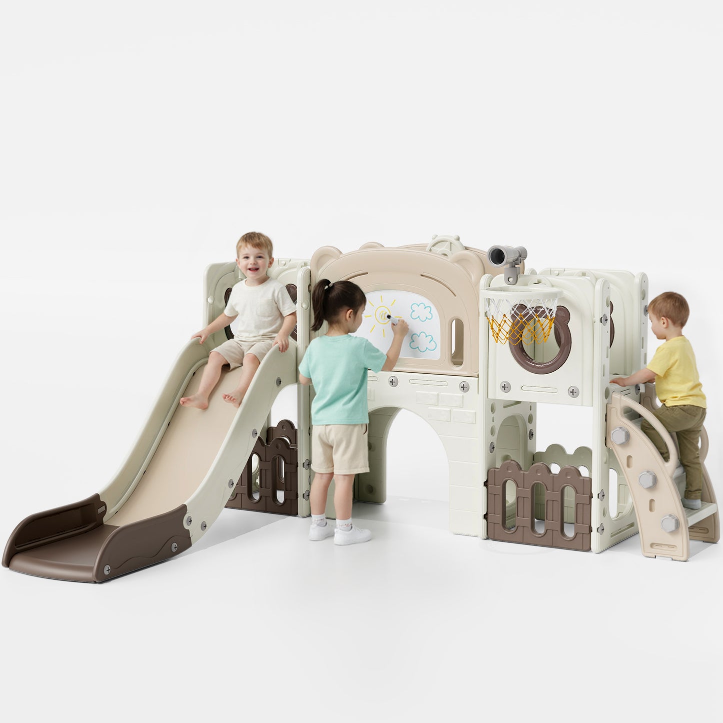 Arlopu 10-in-1 Kids Slide & Climber Set, Indoor Outdoor Slide Playset with Drawing Board, Climber, Basketball Hoop, Tunnel, Storage & Telescope