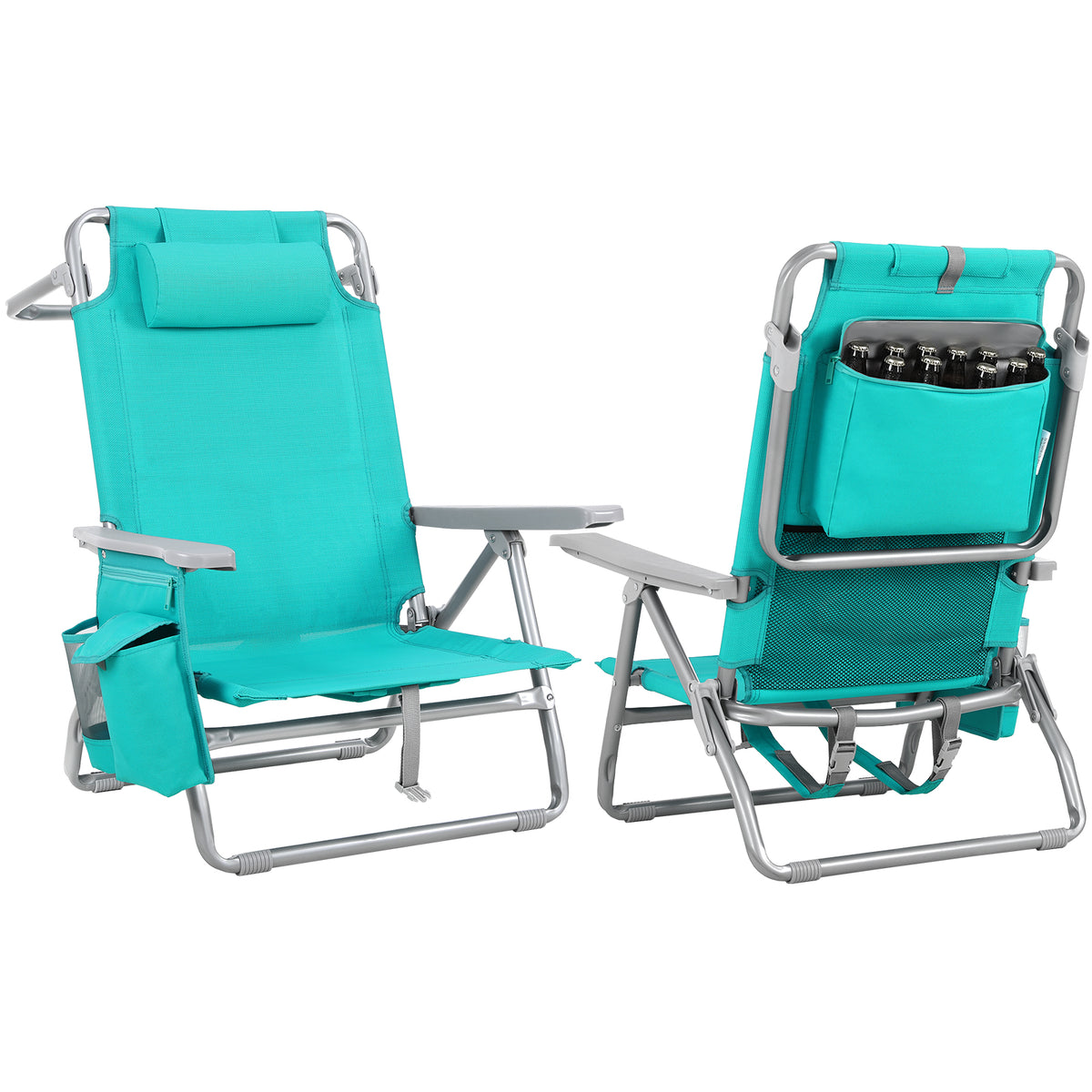 Arlopu Low Beach Chairs for Adults 2 Pack, 5 Position Backpack Beach Chair w/ Headrest, Cooler Pouch, Storage Bag, Towel Bar, Foot Mat