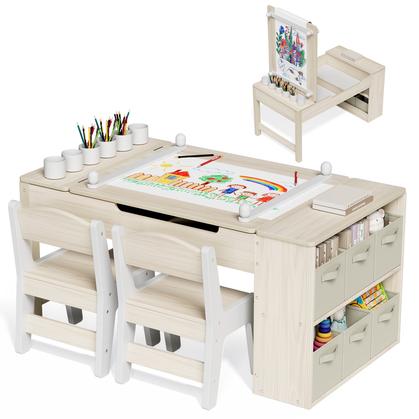 Arlopu 3 in 1 Activity Craft Table Set Kids Wooden Drawing Table Set with Art Easel Adjustable Tilt, 6 Storage Bins, 6 Paint Cup