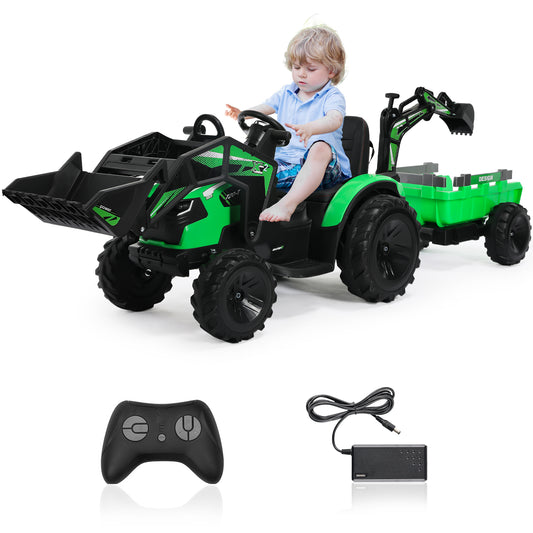 Arlopu 3 in 1 Ride on Tractor Excavator Bulldozer, 24V Electric Vehicle with Trailer, Shovel Bucket, Digger, Remote Control, Children Powered Ride on Car Toy for Kids 3-8