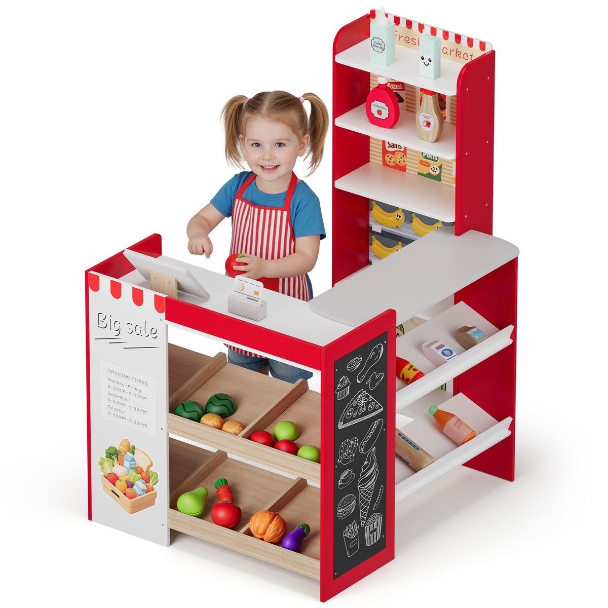Arlopu Kids Pretend Play Grocery Store Wooden Supermarket Set with Chalkboard, Cash Register, Display Shelves & Play Food Accessories, Gift for Toddlers 3+