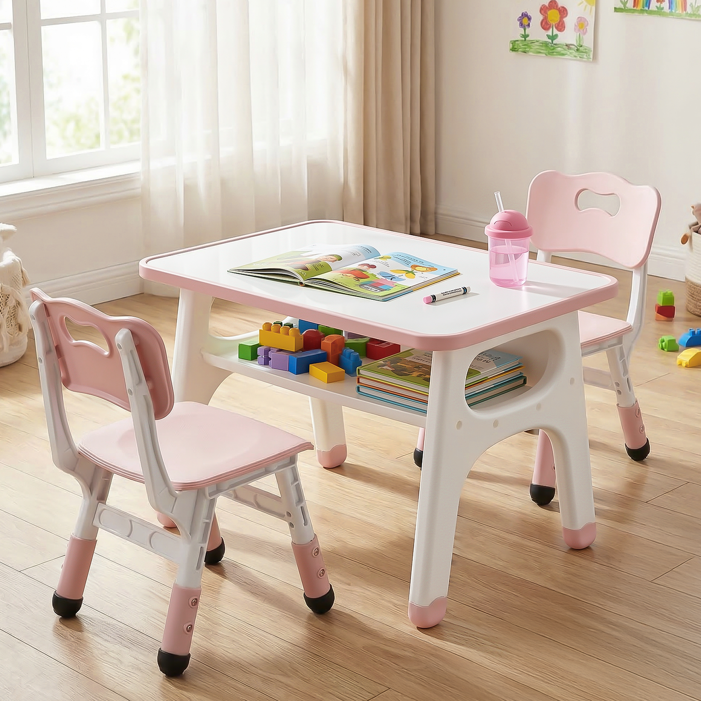 Arlopu Kids Table and 2 Chairs Set, Height-Adjustable Toddler Table and Chairs Set with Graffiti Desktop, Toddler Activity Table for Daycare, Classroom, Home, Pink