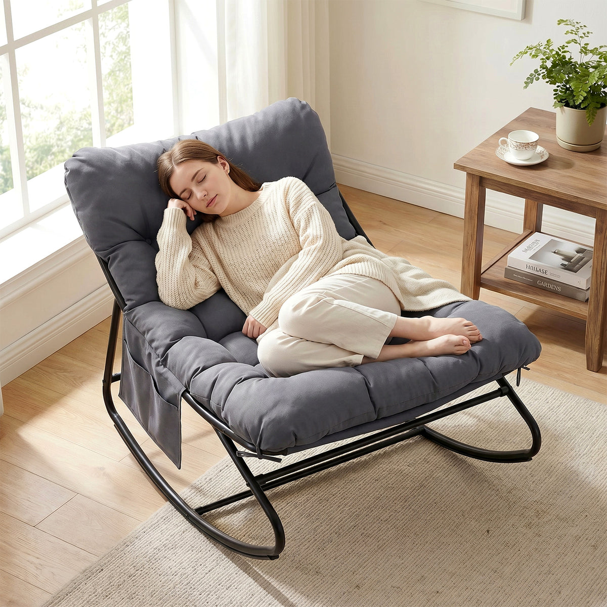 Arlopu Outdoor Papasan Rocking Chair, Oversized Padded Lounge Rocker with Cushion, Comfy Wicker Egg Lounge Chair, Large Indoor Rocking Recliner for Garden Porch Lawn Balcony