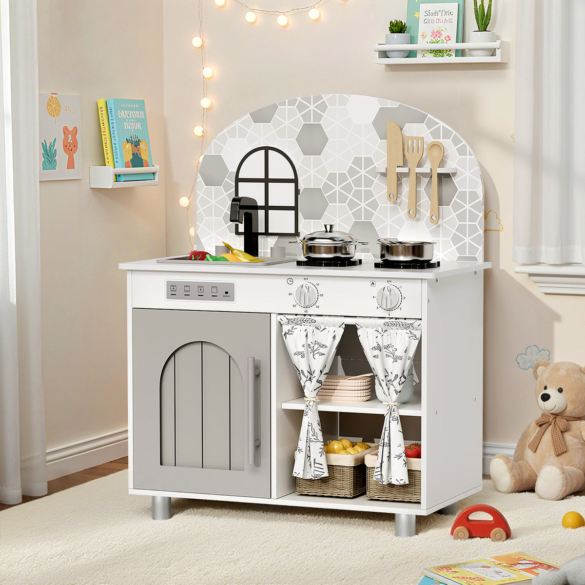 Arlopu Kids Pretend Kitchen Playset, Interactive Play Kitchen with Sink, Stove, Clicking Knobs & 5pcs Cooking Accessories