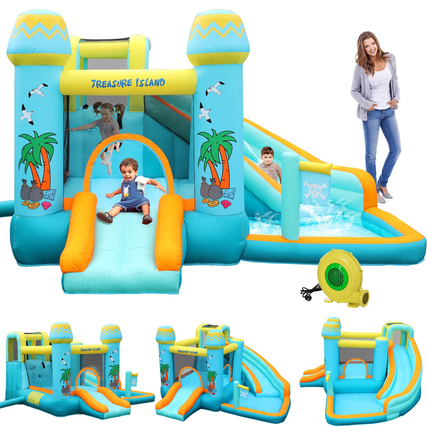 Arlopu Inflatable Bounce House for Kids with Blower, Children's Castle Bounce House with Water Slide, Bouncing Area & Splash Pool for Indoor Outdoor Use