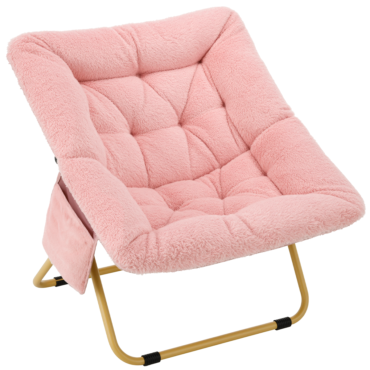 Arlopu Folding Saucer Chair, Soft Faux Fur Lounge Chair with Side Pocket for Bedroom Reading Room Dorm, Pink