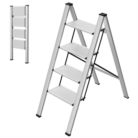 Arlopu 4 Step Ladder, Folding Step Stool with Wide Anti-Slip Pedals, Aluminum Portable Lightweight Ladder for Home, Kitchen, Office, Sturdy Temporary Storage Shelf Rack, Max Capacity 330lbs, Silver