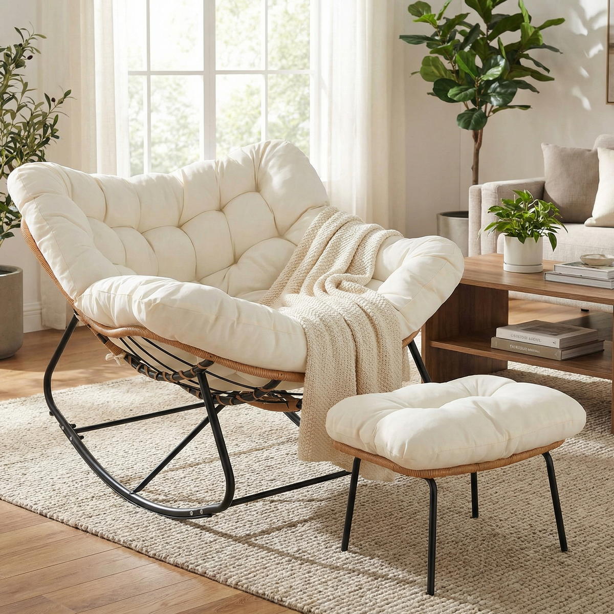 Arlopu Outdoor Papasan Rocking Chair with Ottoman, Oversized Padded Lounge Rocker with Cushion, Comfy Wicker Egg Lounge Chair, Large Indoor Rocking Recliner for Living Room/Porch/Garden