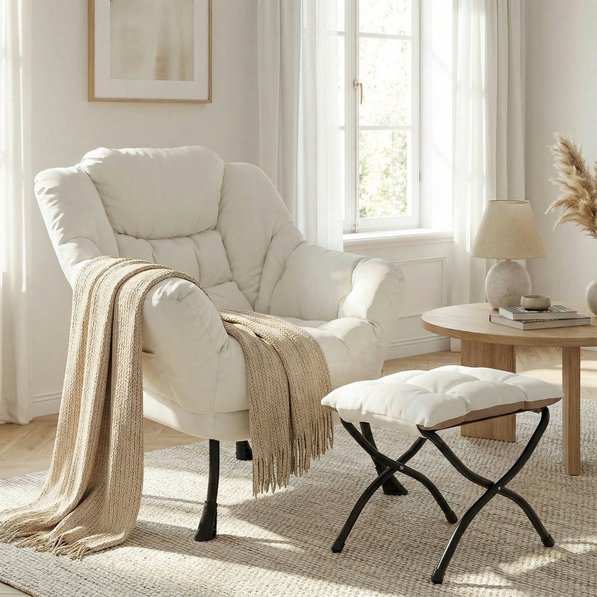Arlopu Lazy Chair with Ottoman, Comfy Lounge Chair, Oversized Reading Armchair with Folding Footrest & Side Pocket for Living Room, Bedroom, Office