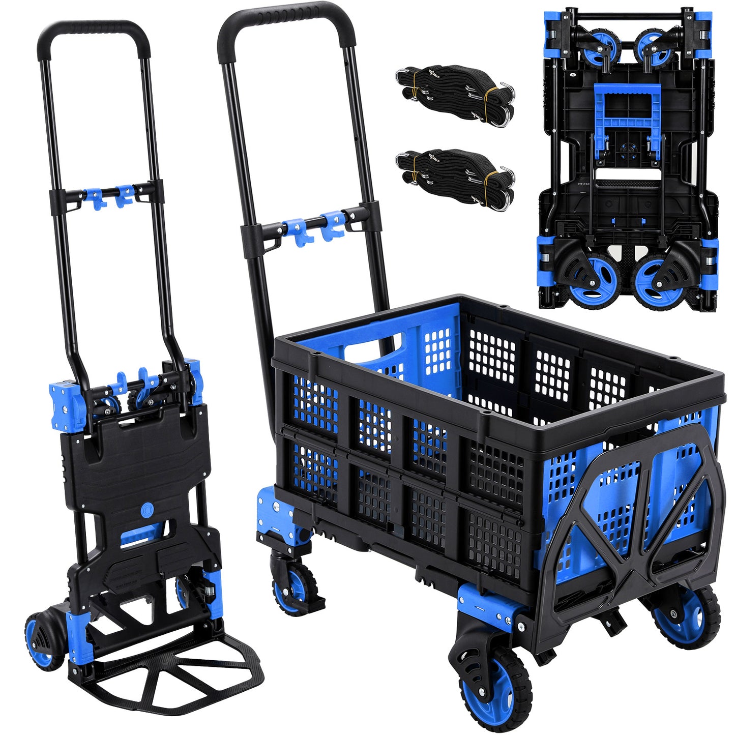 Arlopu Foldable Hand Truck Dolly with Folding Basket and 2 Elastic Ropes Portable Folding Hand Truck