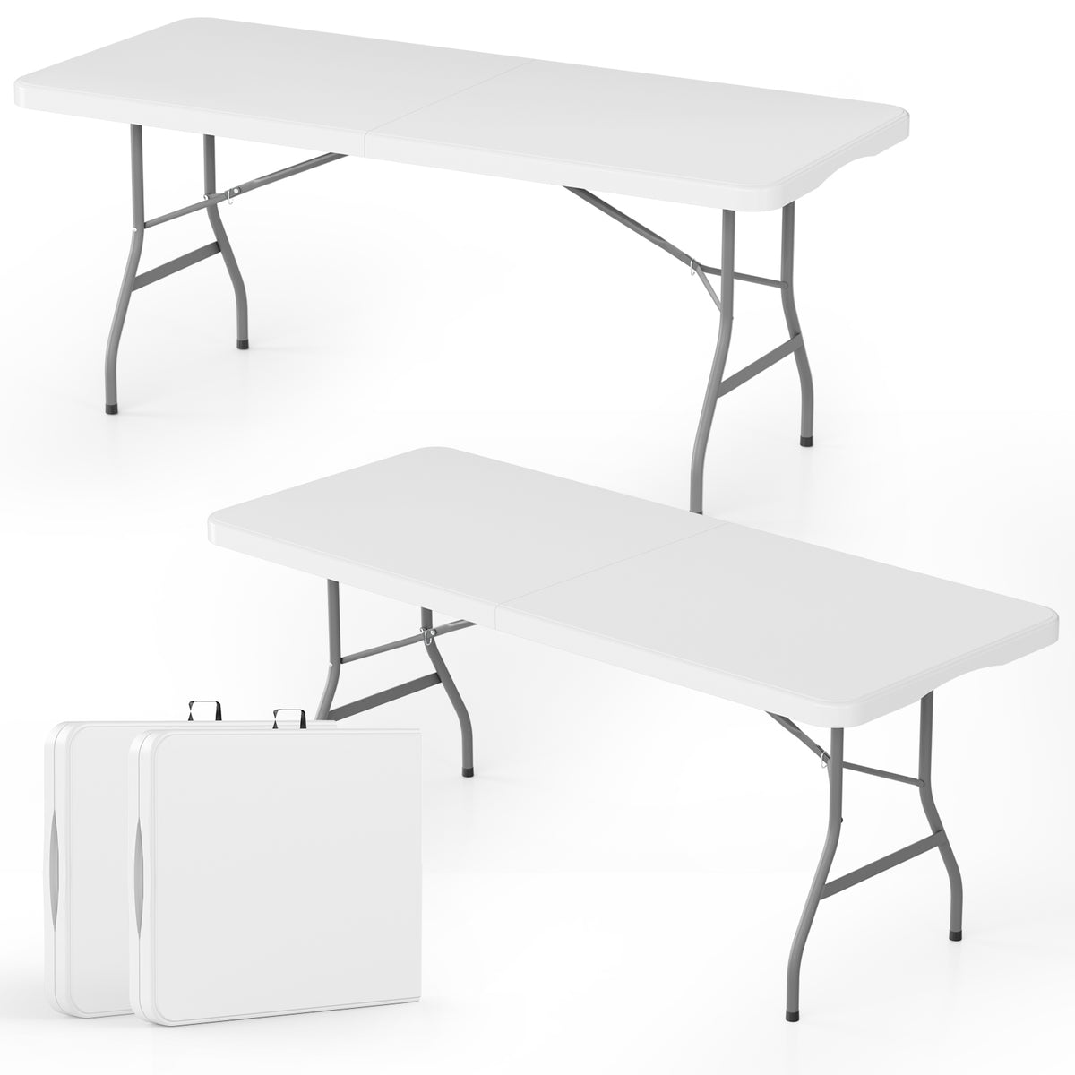 Arlopu 2pcs Folding Tables, 6FT Portable Picnic Table for Camping, Party, Dining, Indoor & Outdoor, Built-in Carry Handle, White