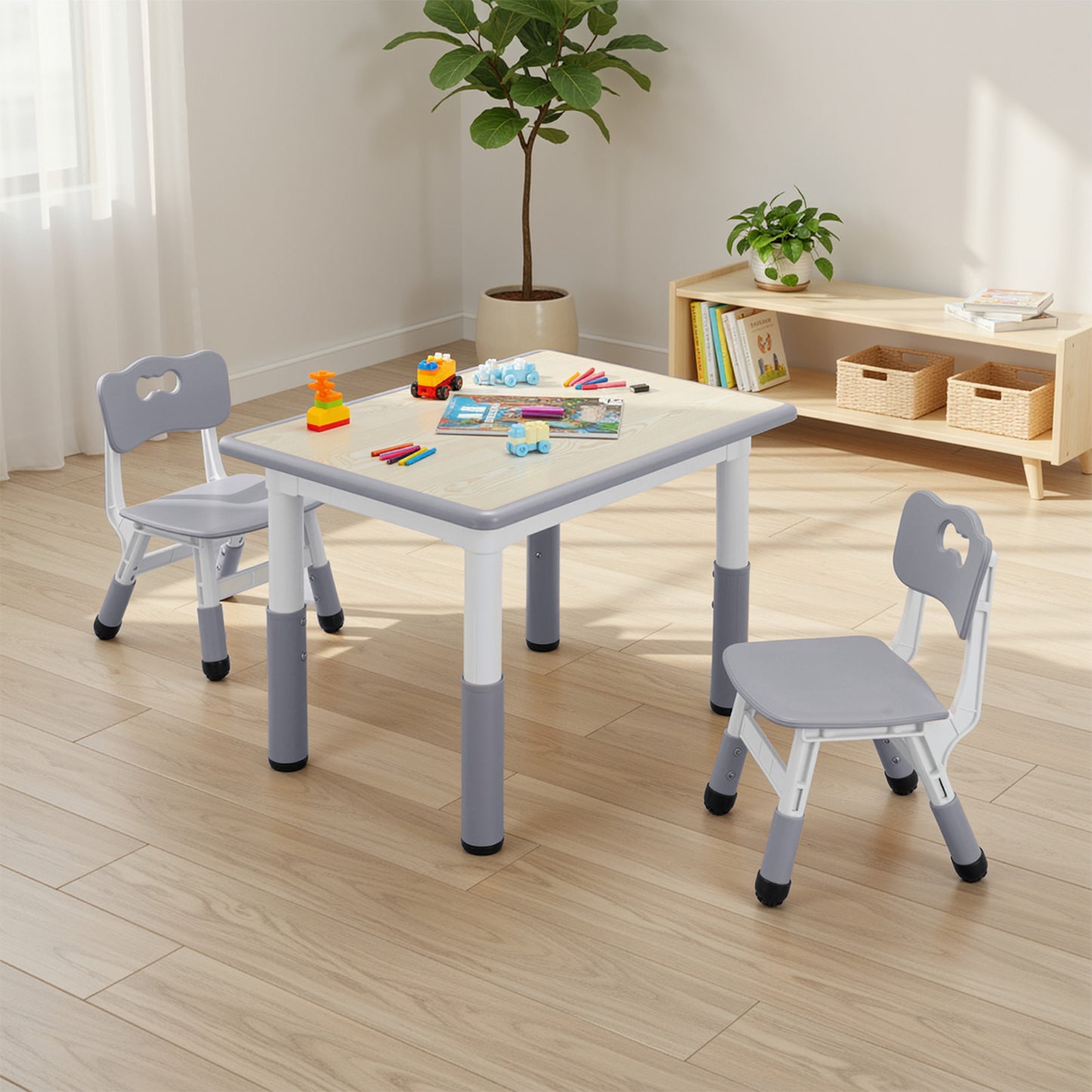 Arlopu Kids Table and 2 Chairs Set, Height-Adjustable Toddler Table and Chairs Set with Graffiti Desktop, 31.5"L x 23.6"W Children Activity Table for Daycare/Classroom/Home