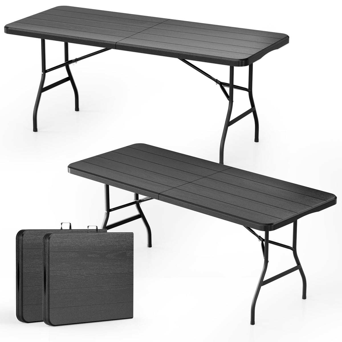 Arlopu 2pcs Folding Tables, 6FT Portable Picnic Table for Camping, Party, Dining, Indoor & Outdoor, Built-in Carry Handle, White