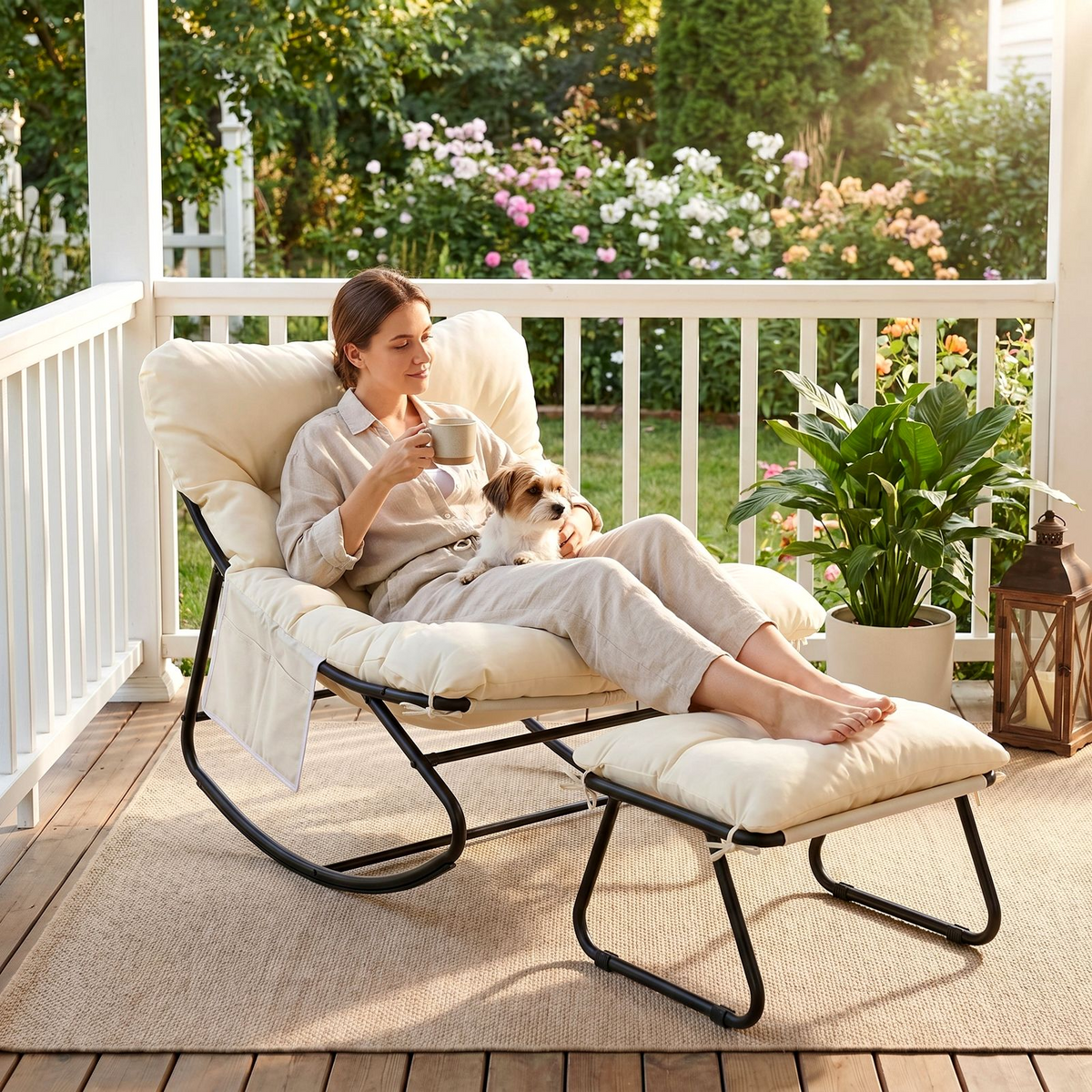 Arlopu Outdoor Papasan Rocking Chair with Ottoman, Oversized Padded Lounge Rocker with Cushion, Comfy Wicker Egg Lounge Chair, Large Indoor Rocking Recliner for Garden Porch Lawn Balcony