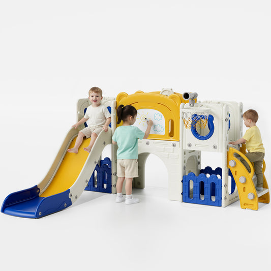 Arlopu 10-in-1 Kids Slide & Climber Set, Indoor Outdoor Slide Playset with Drawing Board, Climber, Basketball Hoop, Tunnel, Storage & Telescope