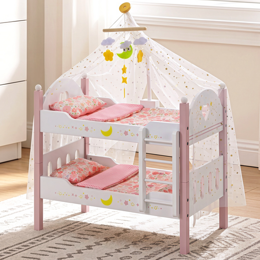 Arlopu Baby Doll Crib, Wooden Detachable Dolls Bunk Bed set with Tulle