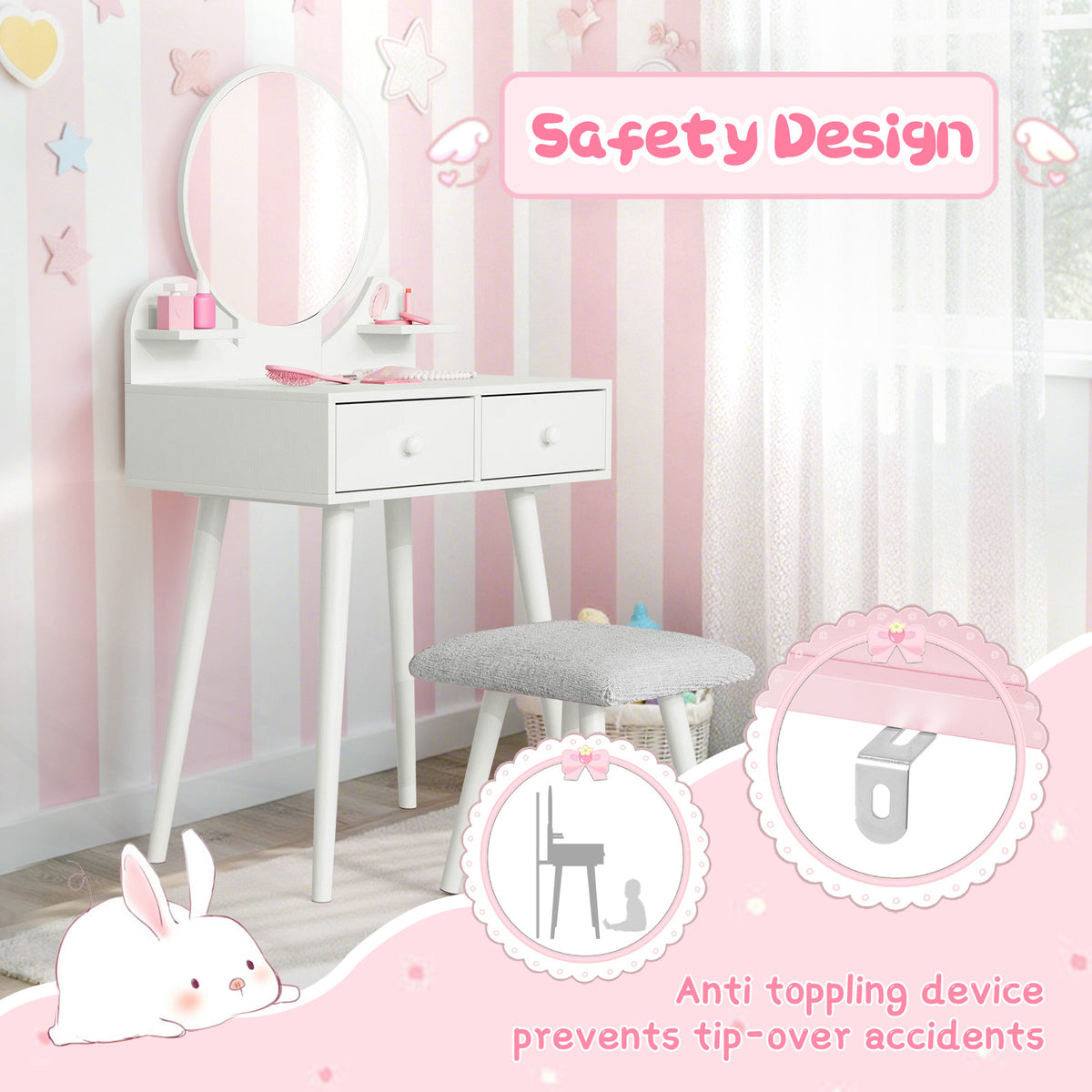 Arlopu Kids Vanity Table & Stool Set, 2-in-1 Princess Vanity Set with Mirror, Wooden Toddler Pretend Play Dressing Table with Detachable Top, Ideal Gift for Girls