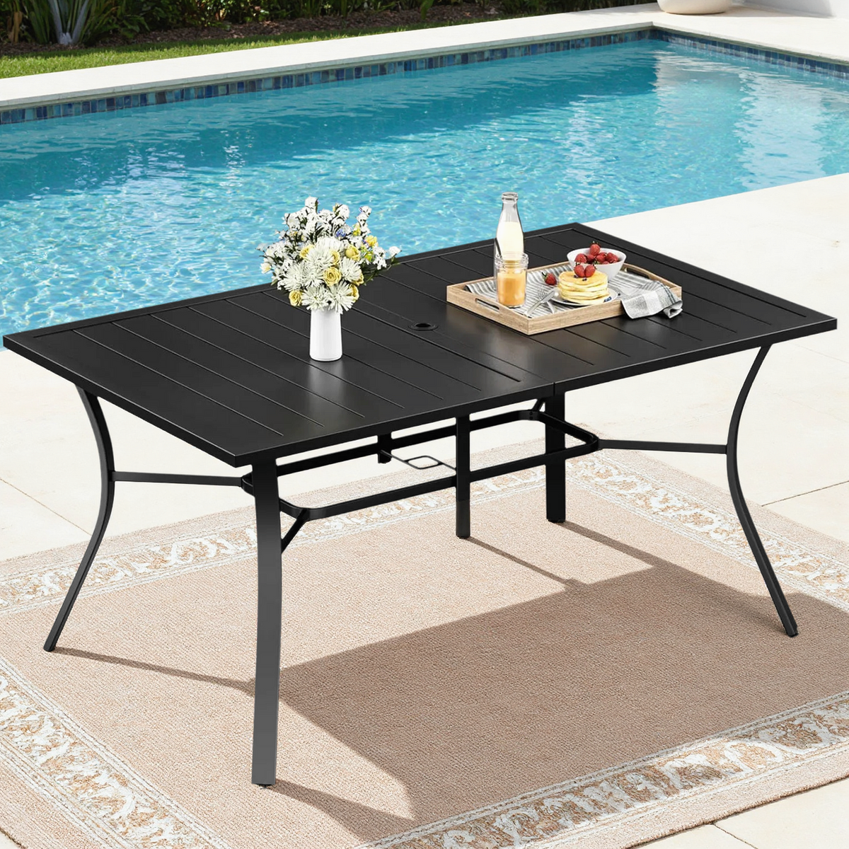 Arlopu 37" Square Patio Dining Table, Outdoor Metal Dining Table w/ 1.57"-1.8" Umbrella Hole & Foot Pads for Backyard Lawn Balcony Poolside