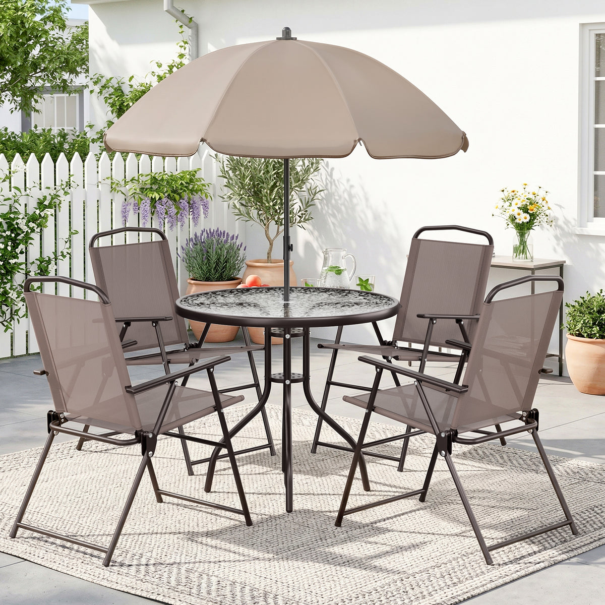 Arlopu 6-Piece Outdoor Patio Dining Set, Round Glass Table & 4 Folding Textilene Chairs & 65″ Umbrella for Poolside Backyard Garden