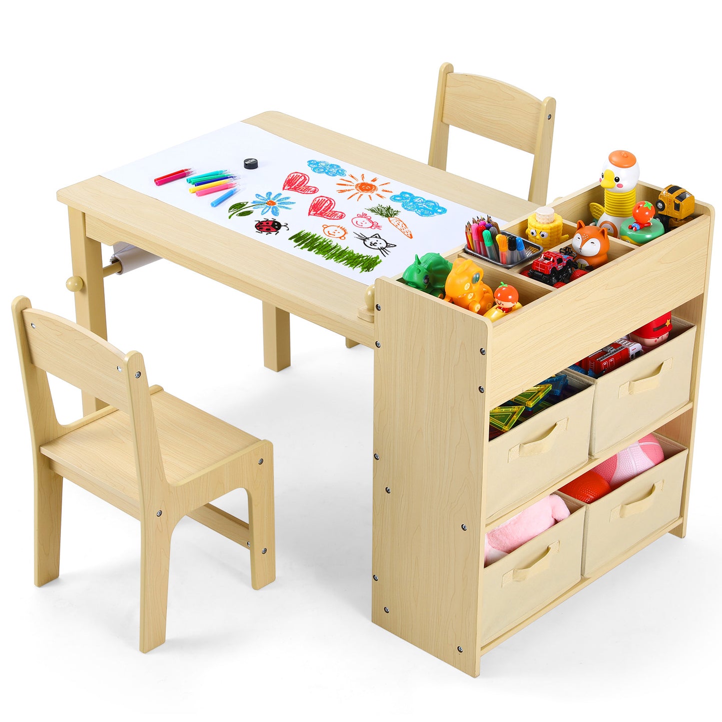 Arlopu Kids Art Table and Chair Set, Wooden Toddler Activity Table Drawing Craft Desk with Paper Roll, 4 Storage Bins & Storage Shelves