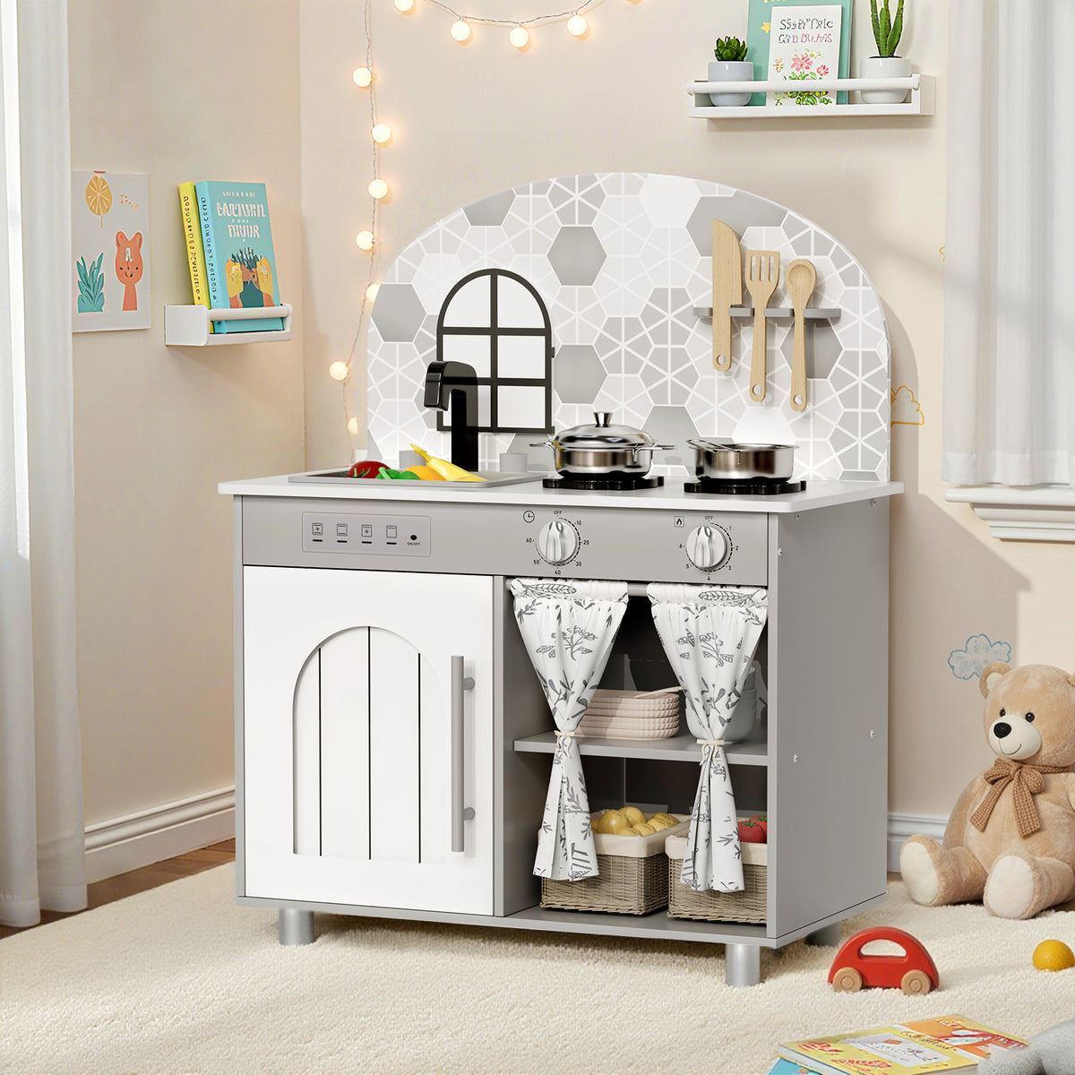 Arlopu Kids Pretend Kitchen Playset, Interactive Play Kitchen with Sink, Stove, Clicking Knobs & 5pcs Cooking Accessories