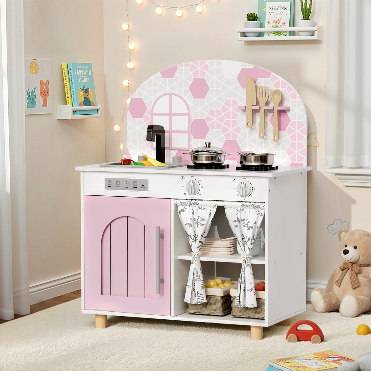 Arlopu Kids Pretend Kitchen Playset, Interactive Play Kitchen with Sink, Stove, Clicking Knobs & 5pcs Cooking Accessories