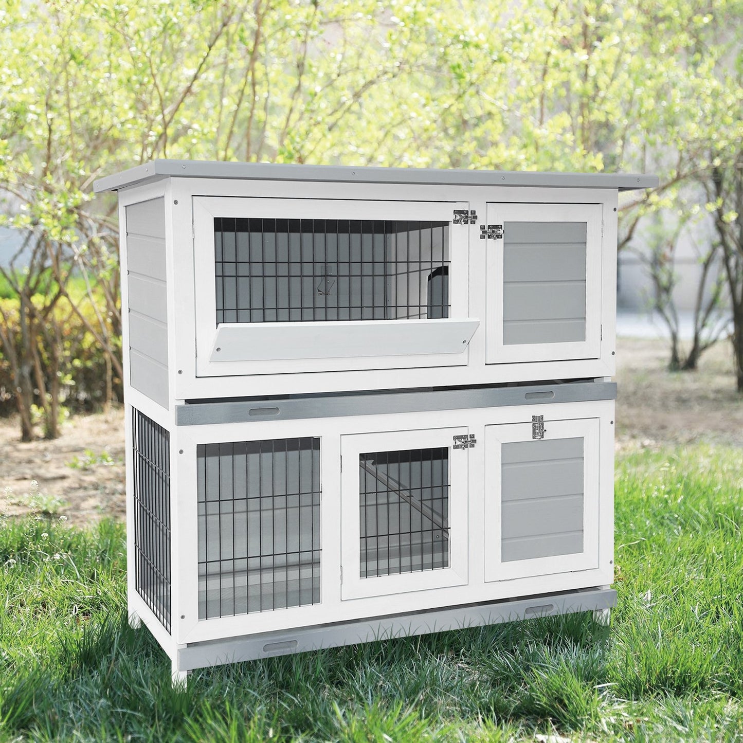 Arlopu 42.3" Rabbit Hutch, Wooden Bunny Cage Chicken Coop, Outdoor Backyard Bunny House, 2-Story Cage for Small Animals