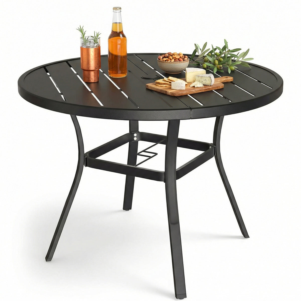 Arlopu 47.2" Outdoor Patio Round Dining Table, Patio Table with Umbrella Hole & Metal Steel Frame for Backyard Lawn Deck, Black