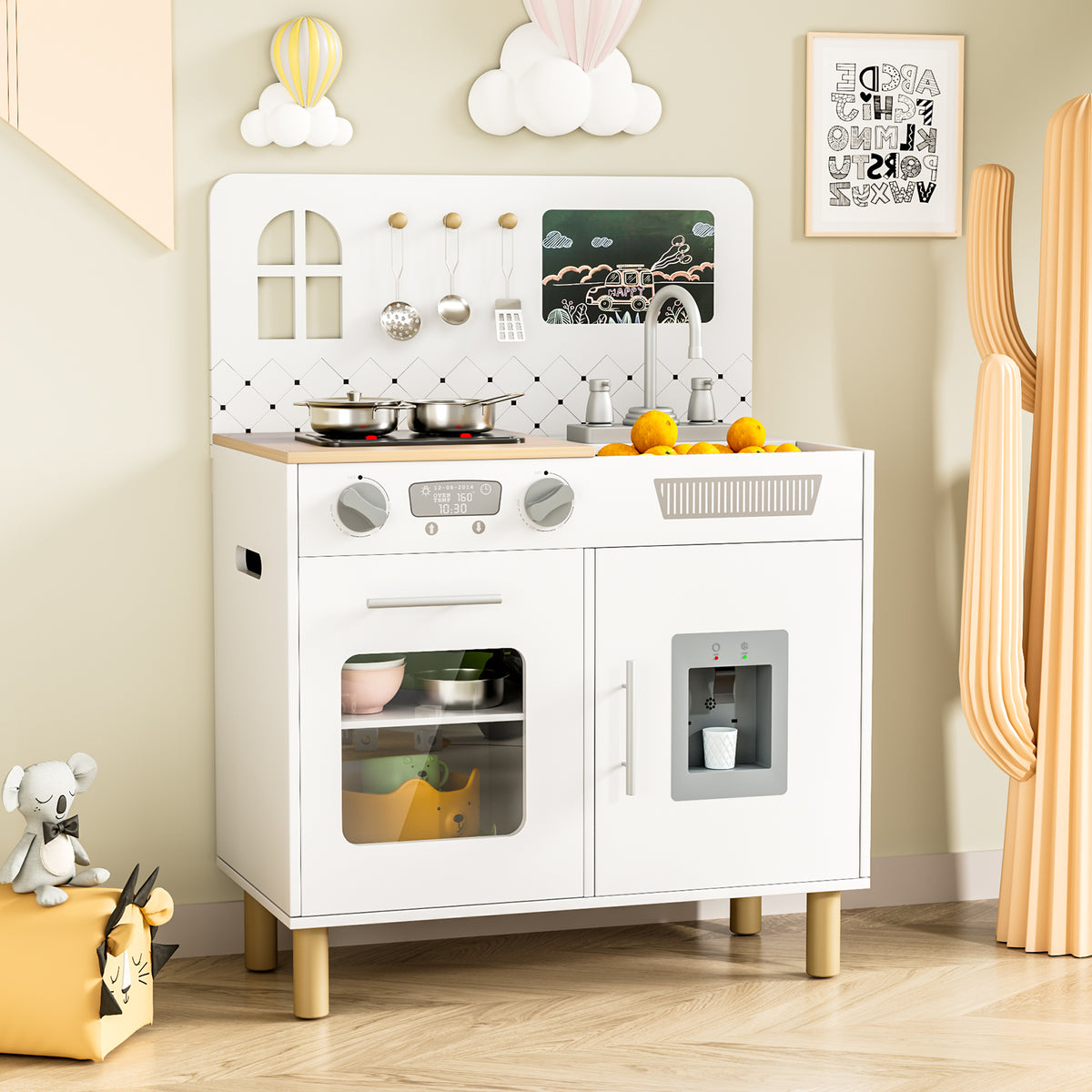 Arlopu Kids Play Kitchen, Ultimate Interactive Wooden Kitchen Playset with Chalkboard, Sink, Water Dispenser, 6 Pcs Cookware & Knob Sounds