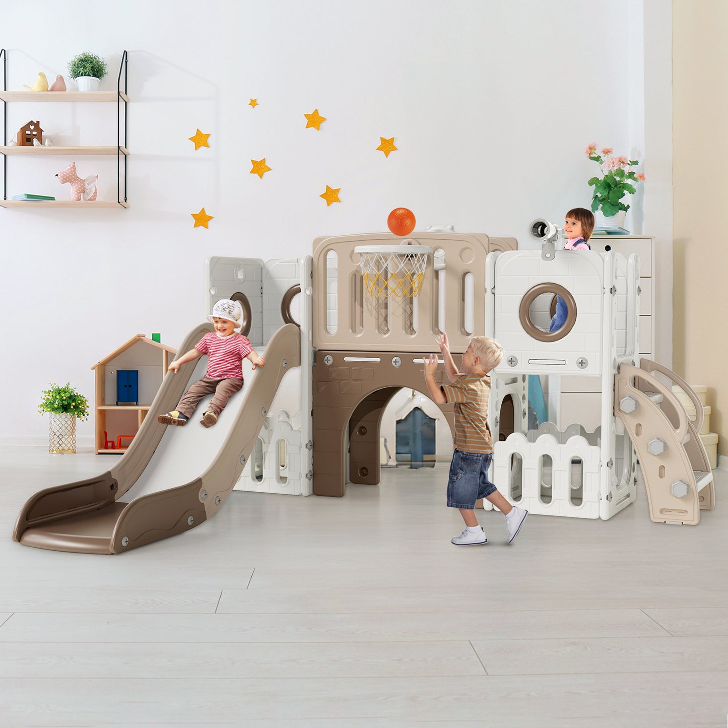 Arlopu 9-in-1 Kids Slide Set, Toddler Climber Slide Playset with Slide, Climber Pedals, Telescope, Basketball Hoop and Balls, Indoor Outdoor Freestanding Slides