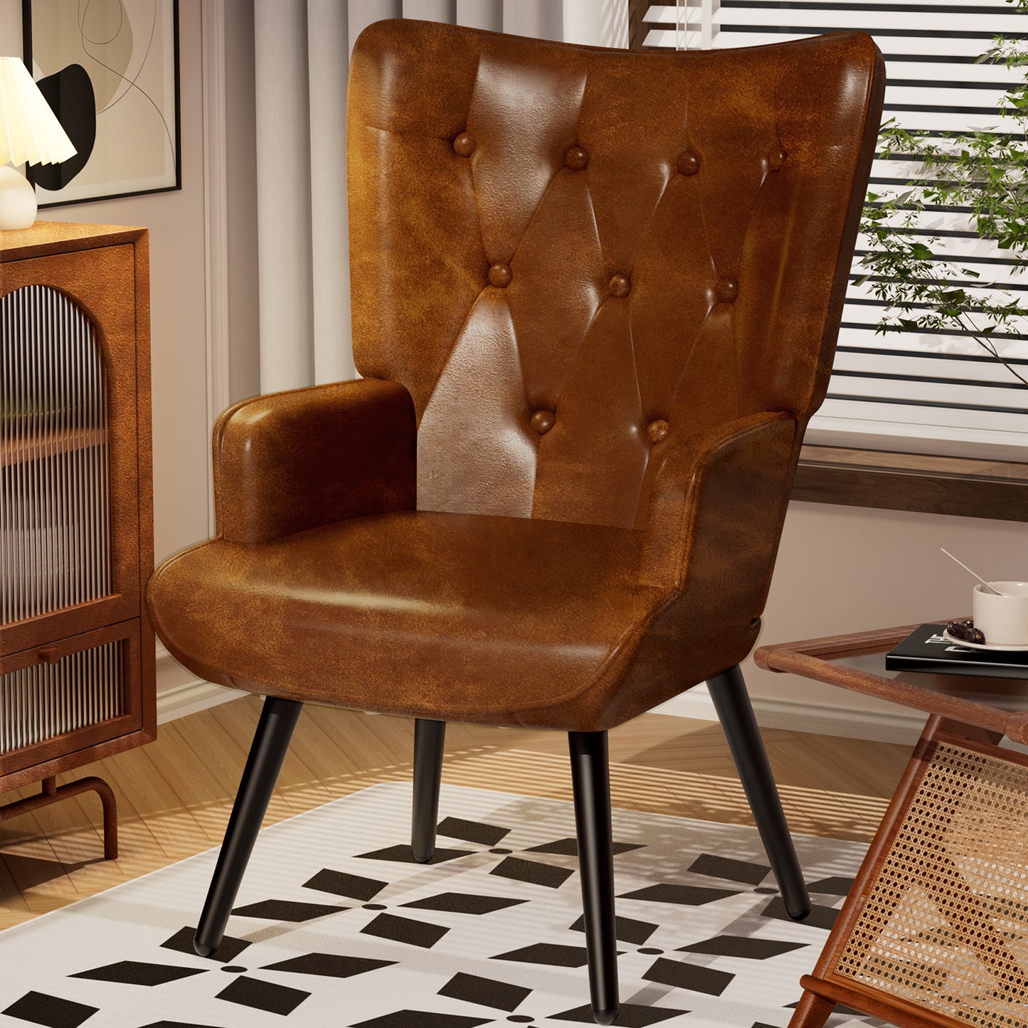 Arlopu 2pcs Accent Chairs, PU Leather Comfy Upholstered Armchair, High Backrest Living Room Chair, Wingback Chair Mid Century Modern for Living Room/Vanity/Bedroom, Brown