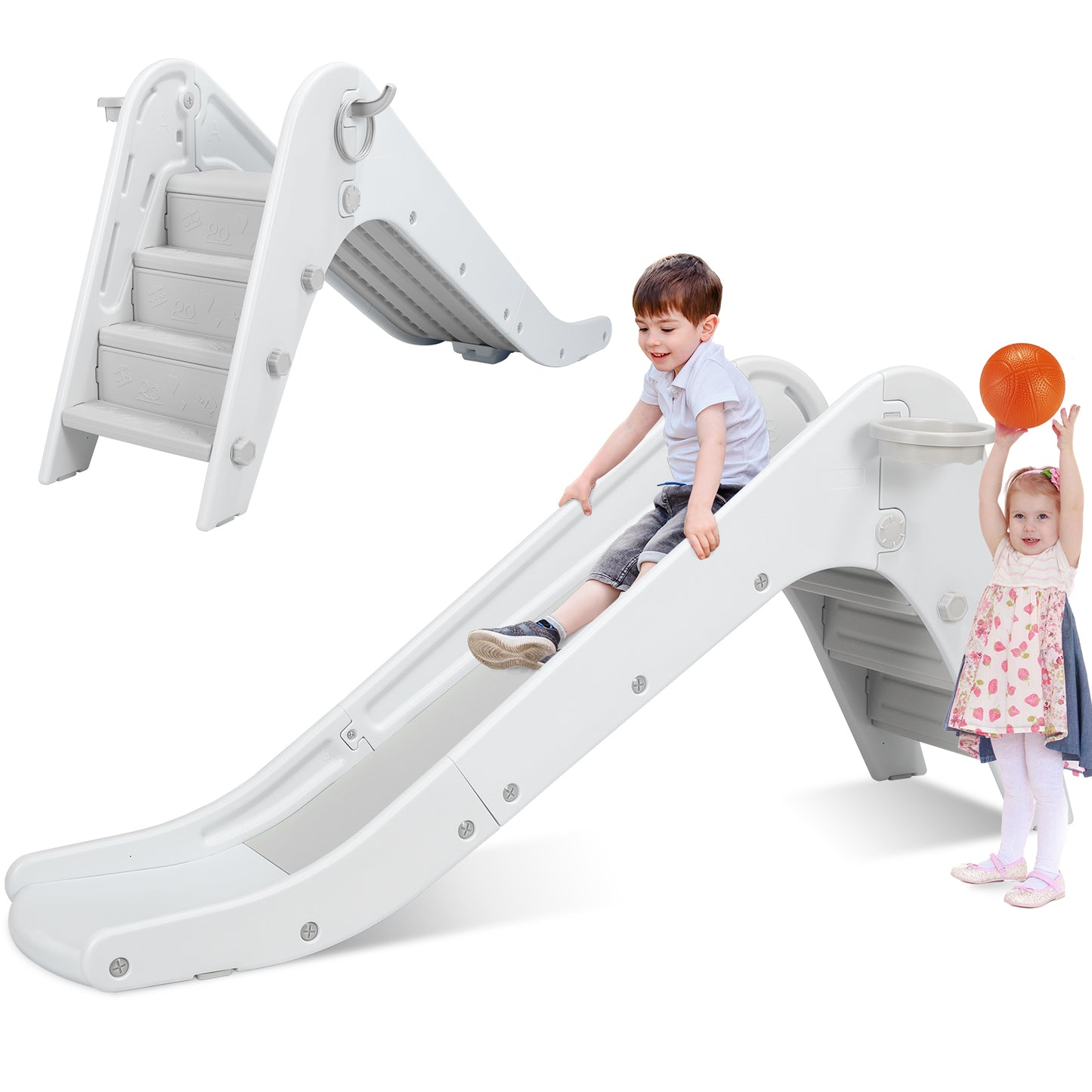 Arlopu Kids Slide Toddler Freestanding Slide Climber Toy with Basketball Hoop & Ball, Ring Game