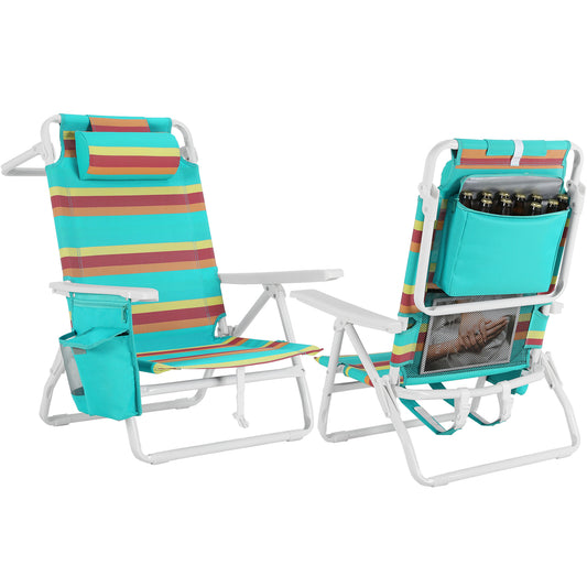 Arlopu 2pcs Folding Backpack Beach Chairs, 5-Position Protable Beach Chair, Low Profile Reclining Chair w/ Headrest, Cooler Pouch, Storage Bag, Towel Bar, Foot Mat