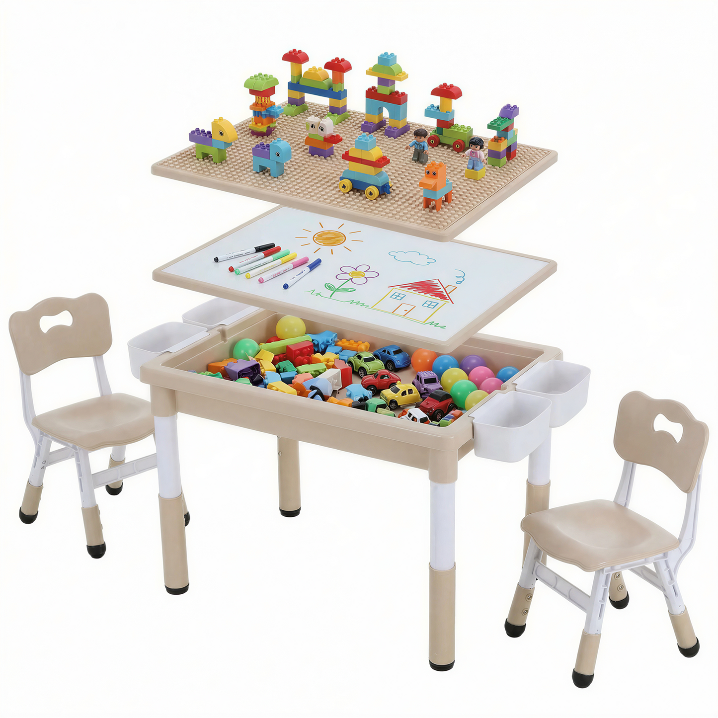 Arlopu Kids Table and 2 Chairs Set, Toddler Activity Table with Double-Sided Graffiti/Block Building Tabletop & 4 Drawers, Height Adjustable, Pink