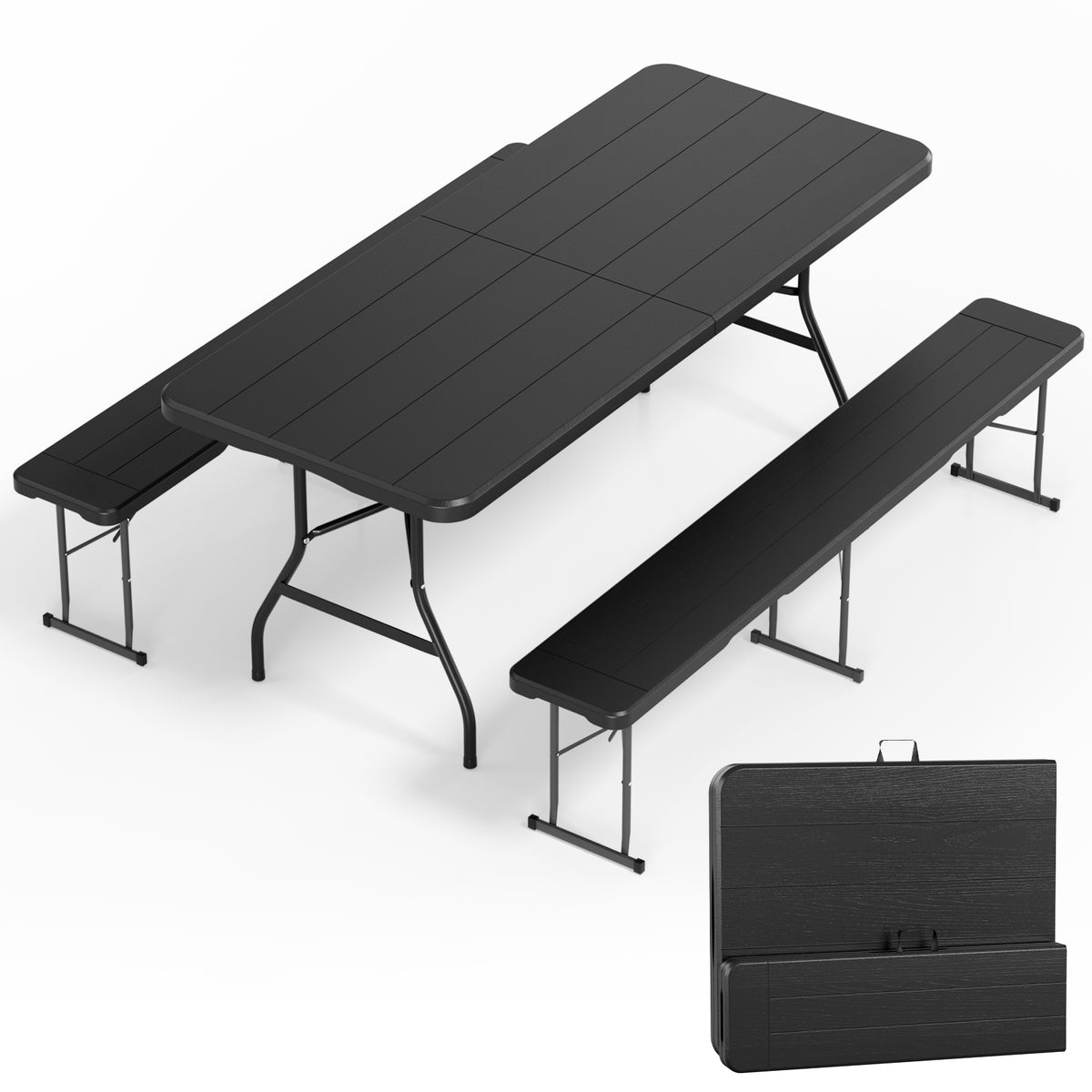 Arlopu 3pcs Outdoor Picnic Tableset, 6FT Folding Table with 2 Folding Benches for Camping, Black