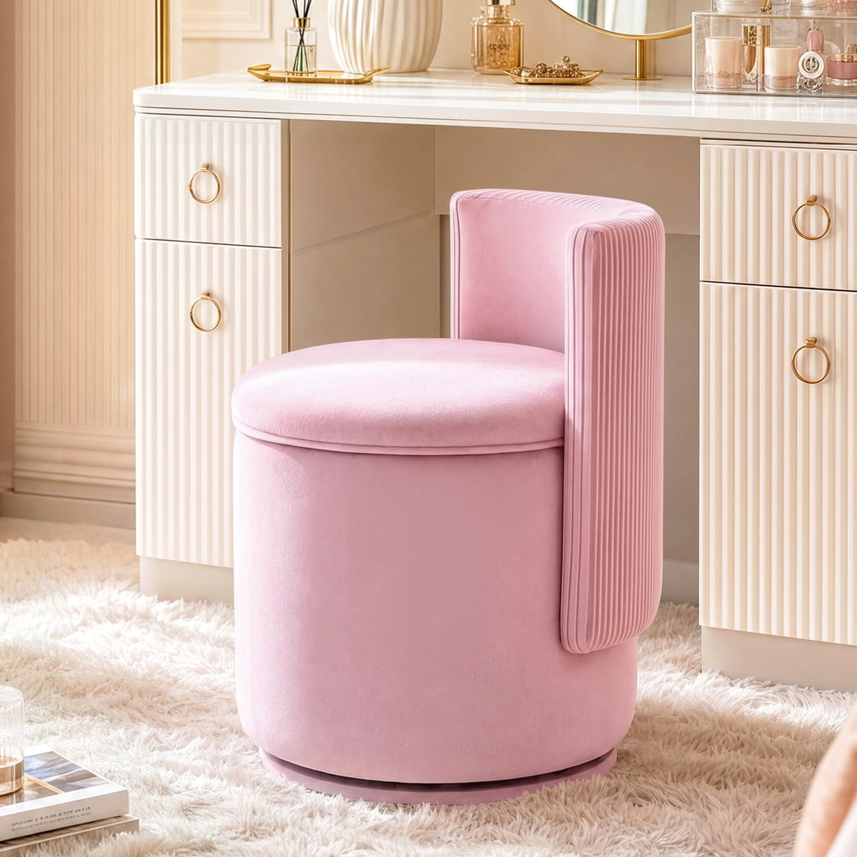Arlopu 360° Swivel Vanity Chair, Velvet Swivel Makeup Chair with Storage, Modern Round Upholstered Bedroom Chair, Comfy Makeup Chair for Dressing, Living Room